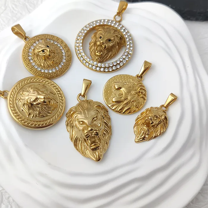 Authentic Men's Rock Hip Hop Crystal Inlay Lion Head Pendant Fashion Creative Stainless Steel Gold Color Party Club Charm Jewelry
