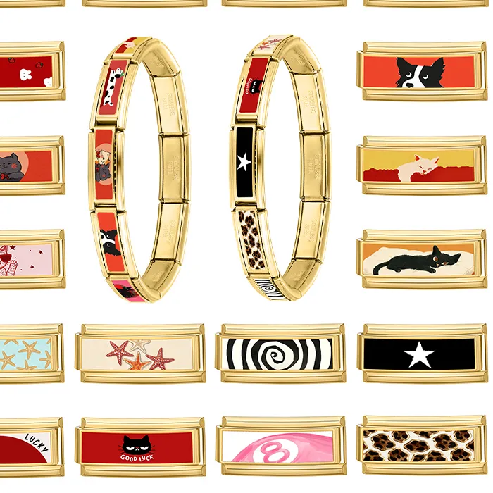 Authentic Fashion Red Lovely Cats Dog Leopard Gold Long Italian Charm Links 9mm Bracelets Bangle Stainless Steel DIY Making Gift Wholesale