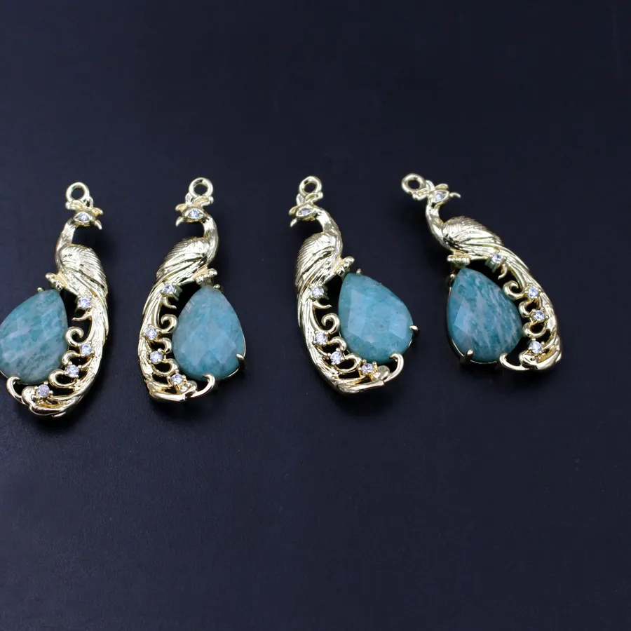 Authentic 4pcs DIY Jewelry Accessories CZ Faceted Drops Natural Amazonite Lapis Yellow Jade Stone Peacock Shape Pendant for Earrings