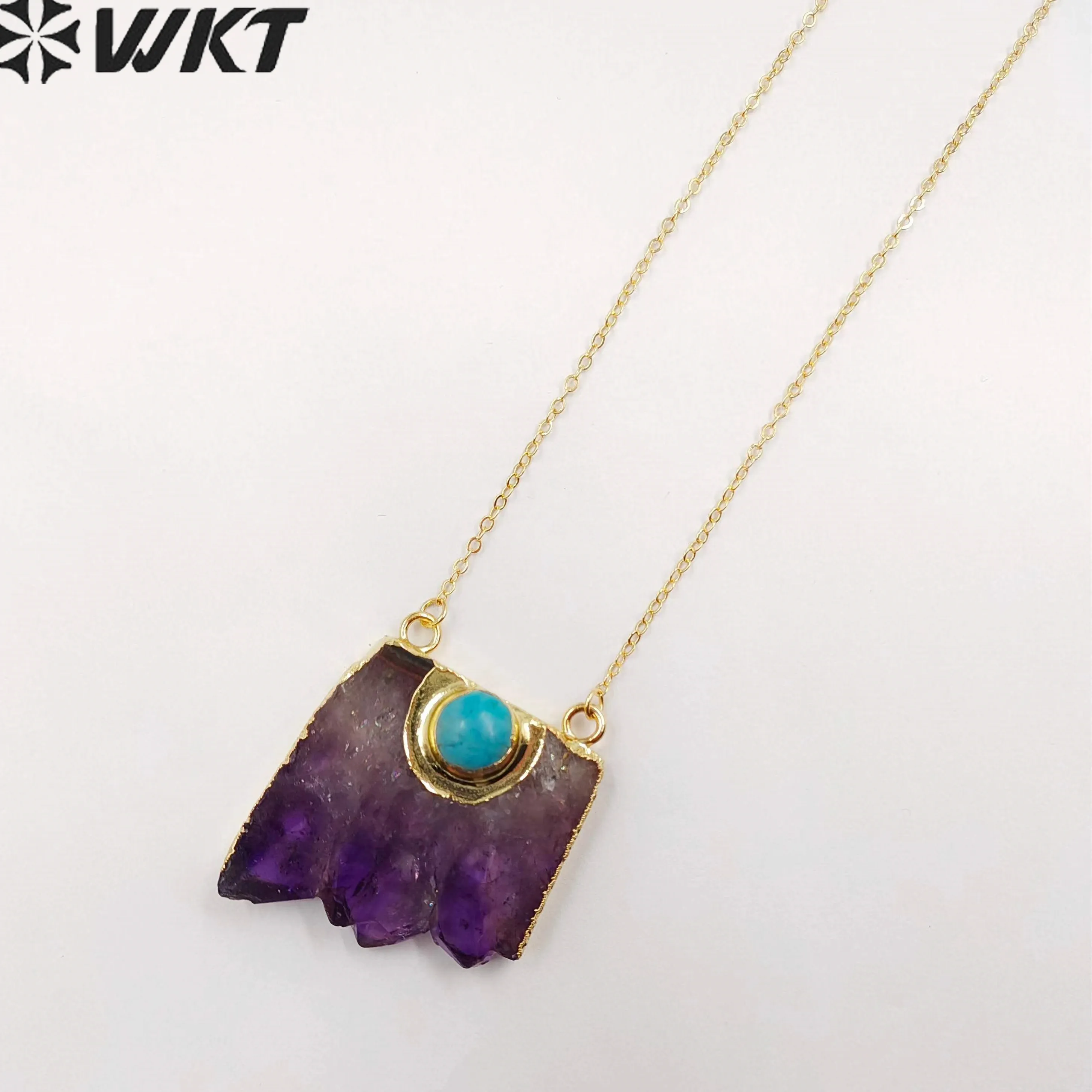 Authentic Wt- N411 Slice Amethyst Natural Stone Necklace 18 Inch Long Gold Plated Boho Style Charming Jewelry For