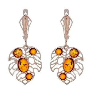 Authentic Exquisite Genuine Baltic Amber Earrings Gold Plated Cognac Color