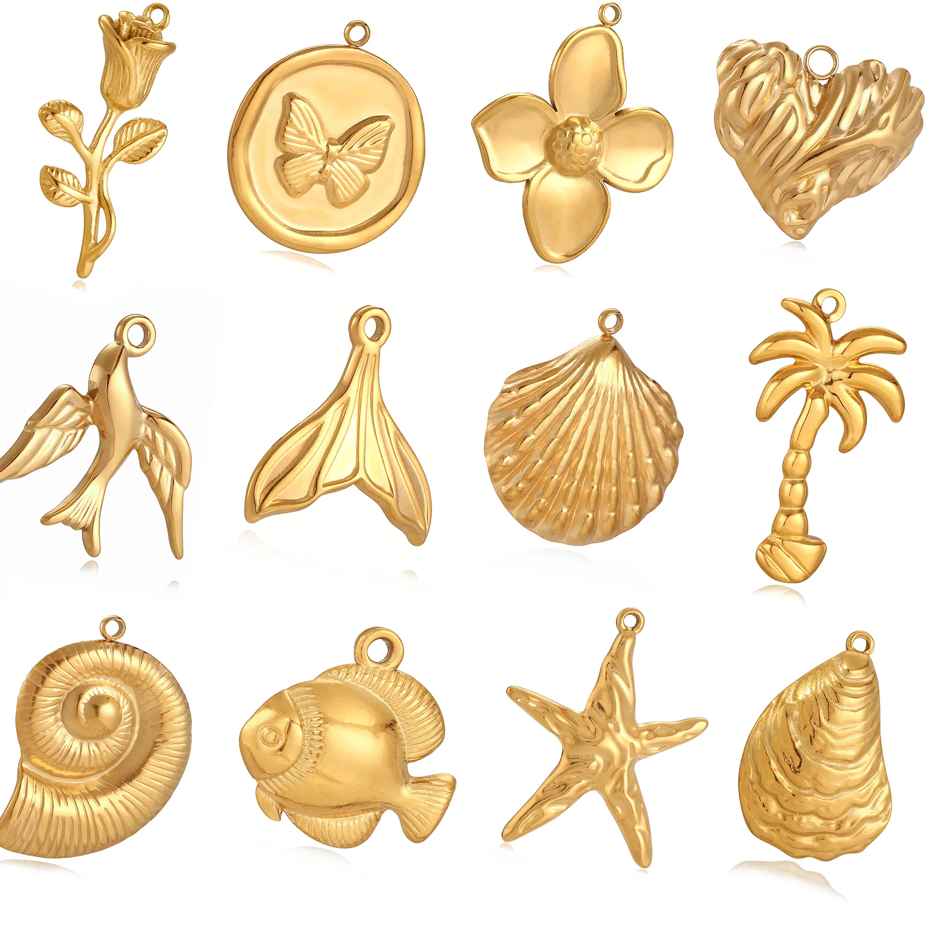 Authentic 3Pcs Fish Tail Shell Rose Butterfly Charms Waterproof Gold Color Plated Marine Animal Pendant Diy Jewelry Making