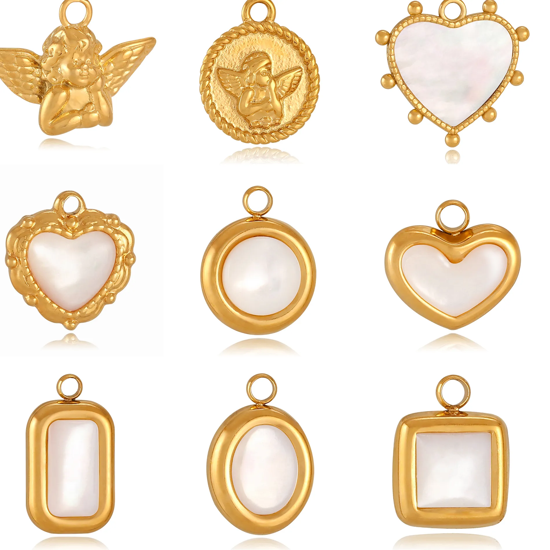 Authentic 3Pcs Natural Sea Shell Hearts/Angel/Square Shape Charms Gold Color Pendants DIY Necklace Bracelet Jewelry Making