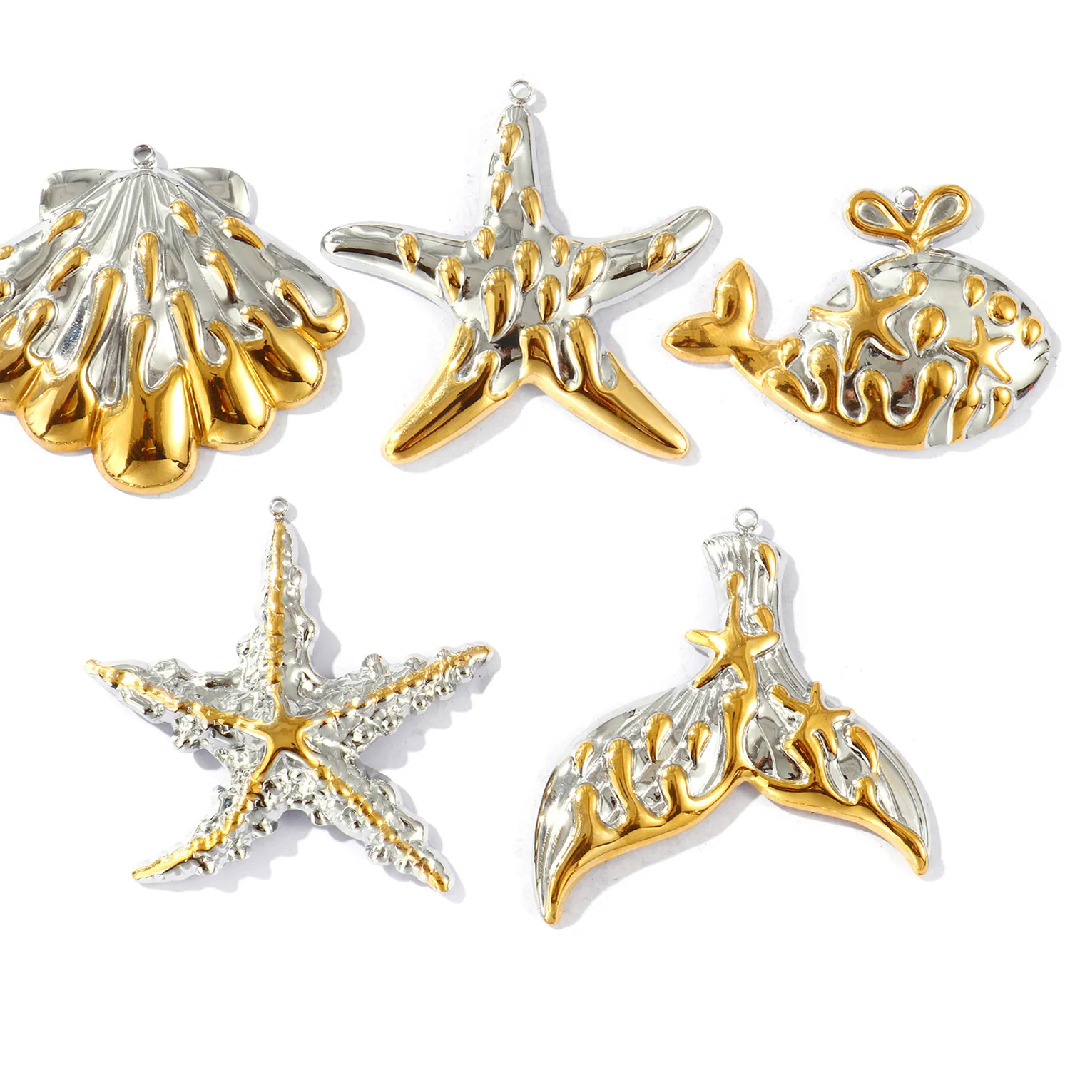 Authentic 1pc 304 Stainless Steel Ocean Jewelry Starfish Shell Charms 18K Gold Plated&Silver Plated Two Tone Pendant DIY Necklace Making