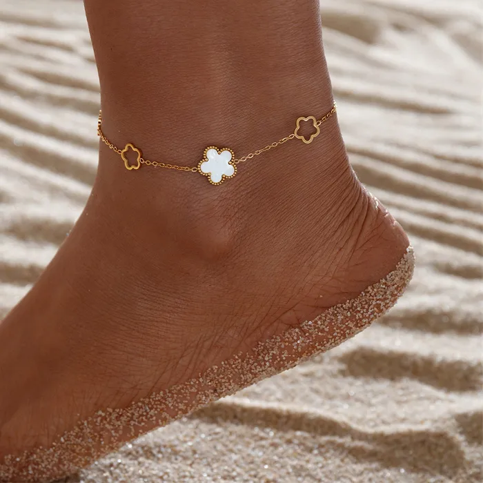 Authentic 316L Stainless Steel New Trendy Jewelry Beach Style Embed Seashell 18K Gold-plated 5 Leaf Flowers Charm Anklet Chain For Women