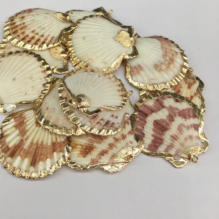 Authentic 1pc Natural Seashell Charms Scalloped Seashell Wrapped Gold Edge Pendant DIY Necklace Earrings Jewelry Making Supplies Craft