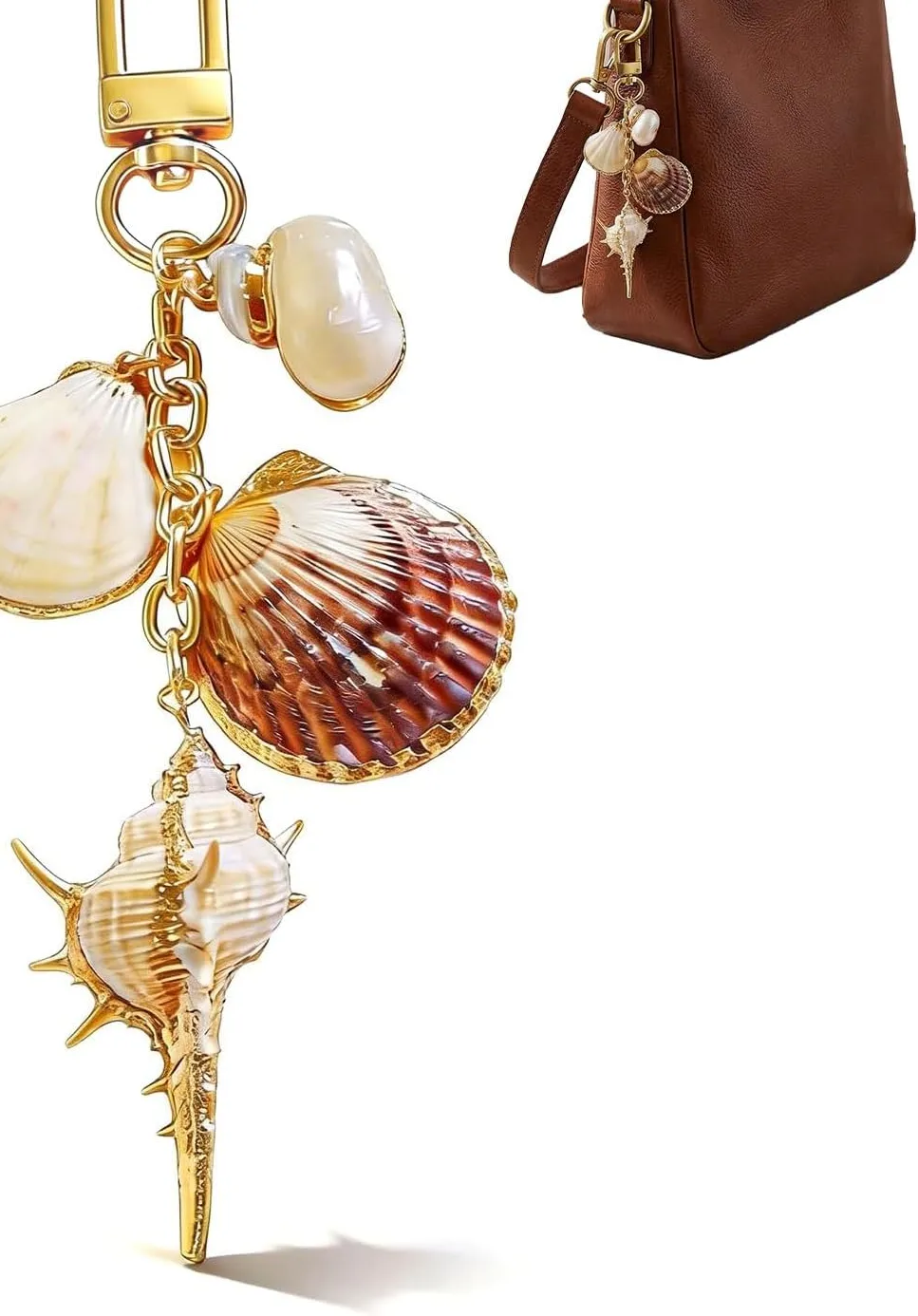 Authentic Cute Seashell Keychain Beach Keychain Gold Bag Charms for Handbags Tote Bags Purse Accessories Summer Gifts for Women