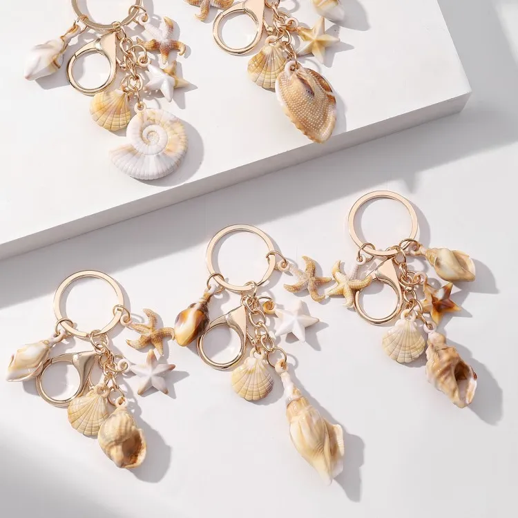 Authentic Sea Shell Charm Keychain Simulation Conch Starfish Pendant Travel Souvenir Key Ring for Women Bag Decor