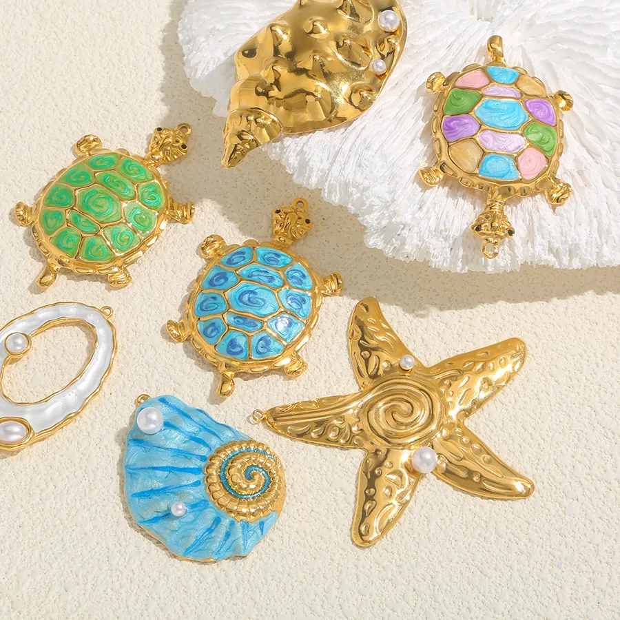 Authentic Ocean Themed Enamel Charms, 18K Gold Plated Turtle/Starfish/Seashell Pendant with Pearl Accent