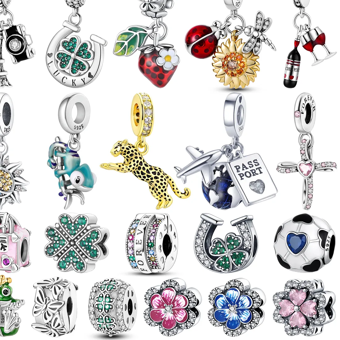 Authentic 925 Silver Eiffel Tower Strawberry Pave Bottle Airplane Charms Frog Sun Moon Clover Floral Beads Diy Bracelet Parts Fine Jewelry
