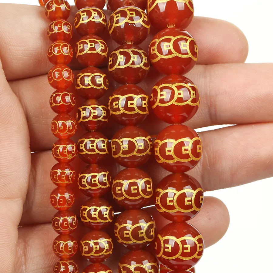 Authentic 6-12mm Natural Stone Beads Golden Coin Red Agate Spacer Loose Beads for Jewelry Making DIY Bracelet Accessories 15"