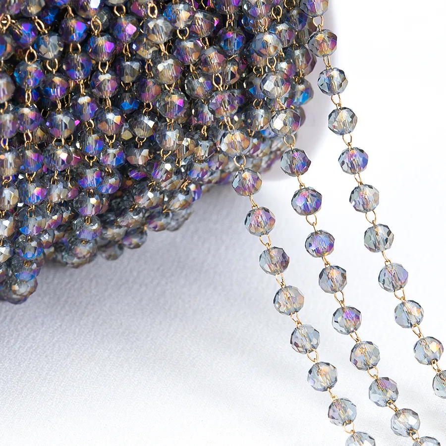 Authentic 1meter Stainless Steel Gold Color Chain Crystal Stone 3.5mm Purple Bead Chains for Women Jewelry Making DIY Sweater Beaded Chain