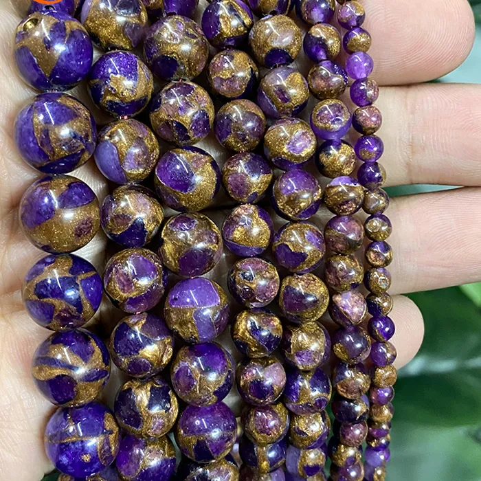 Authentic Smooth Natural Purple Golden Lace Cloisonne Stone Round Beads 4/6/8/10/12mm Bracelet Accessories for Jewelry Making 15" Strand