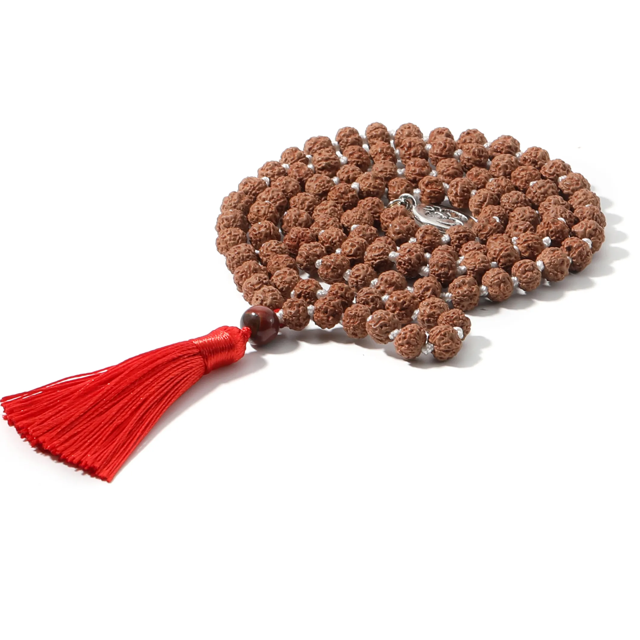Authentic Natural Rudraksha Knotted 108 Mala Bead Necklace Meditation Yoga Declaration Blessing Prayer Red Tassel Pendant Jewelry