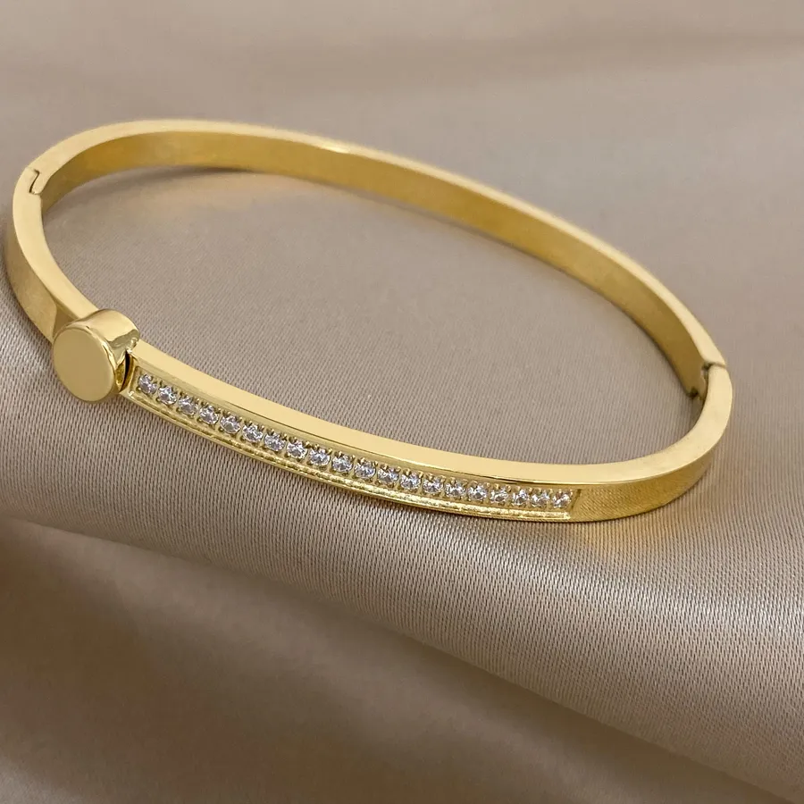 Authentic Greatera Trendy Gold Plated Round Stainless Steel Bangles Bracelets for Women  Luxury Cubic Zirconia Charm Bracelet Jewelry 2023
