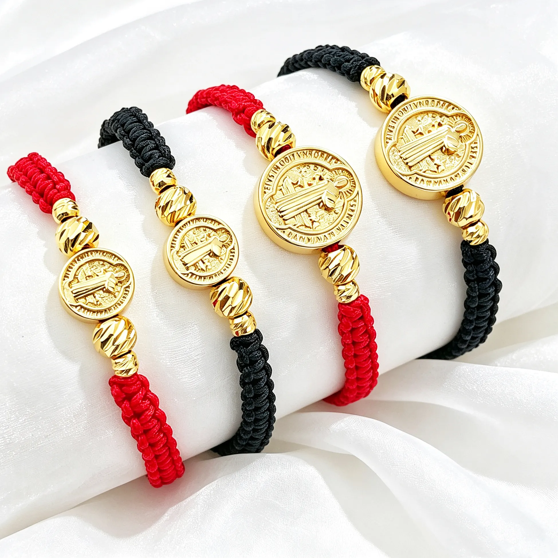 Authentic Selling St. Benedict Red Black Rope Braided Bracelet Gold Plated Protection Religious Jewelry