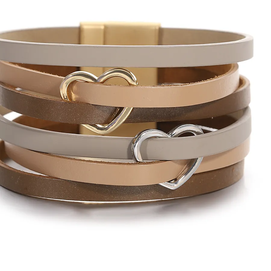 Authentic ALLYES Cute Gold Silver Color Heart Wrap Leather Bracelet for Women Multicolor Layered Handmade Bracelets Charm Jewelry