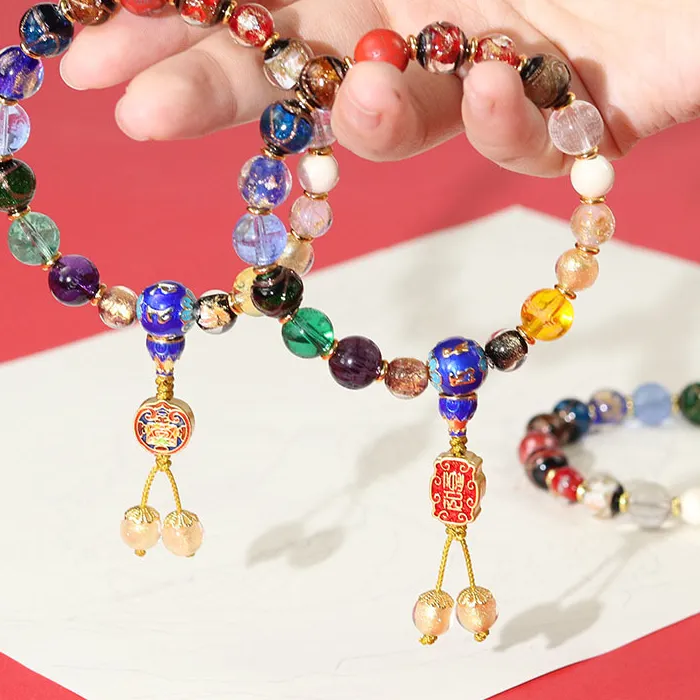 Authentic Buddhist Prayer Beads Bracelet with Glazed Beads Cinnabar Gold Foil Green Tara Yellow Mantra Vajra Charms Gifts