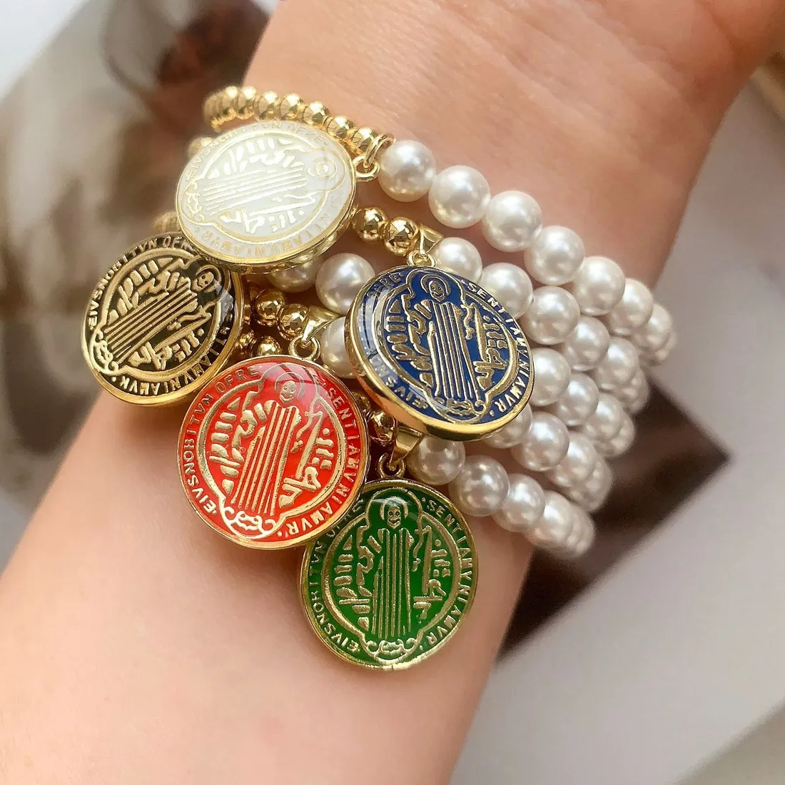 Authentic Golden Saint Benedict Enamel Bracelets – Five Mystical Charms