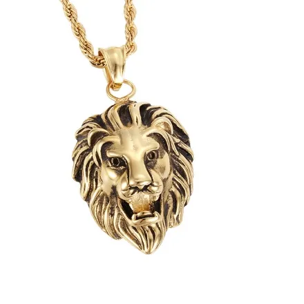 Authentic Punk Gold Color Charm Lion Head Necklace Jewelry Rock Men Women Hiphop Stainless Steel Twisted Rope Chain Biker Choker & Pendant
