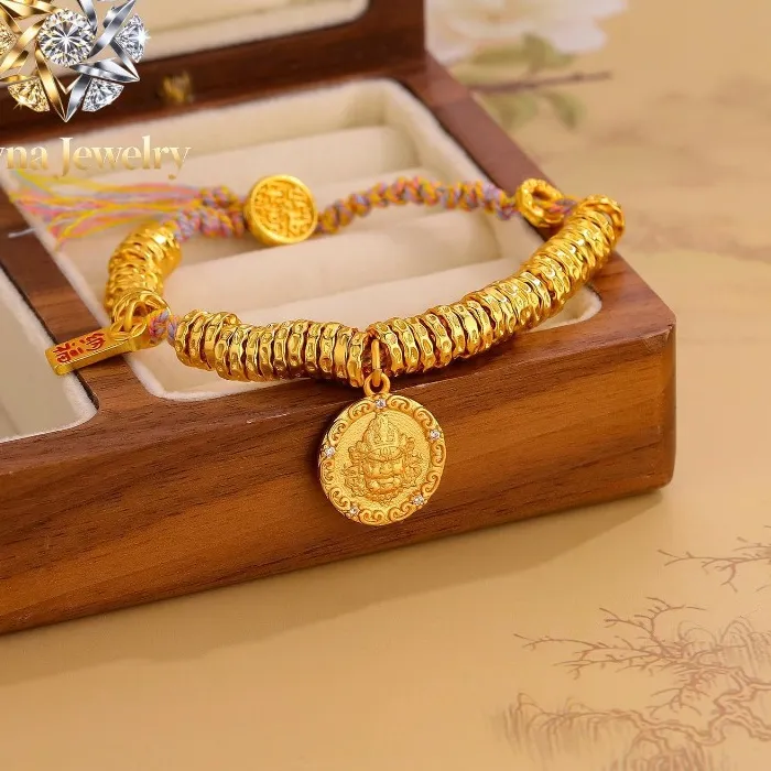 Authentic Pryna Jewelry  Fashion 24K real gold Yellow God of Wealth coiled braided hand rope Ping An 999 pure gold joy button Chinese styl