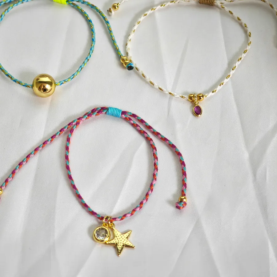 Authentic 5 pcs/lot 2024 Latest Rope Braided Bracelet Gold Plated Brass Custom Star Zircon Charm Pendant Adjustable Bracelets