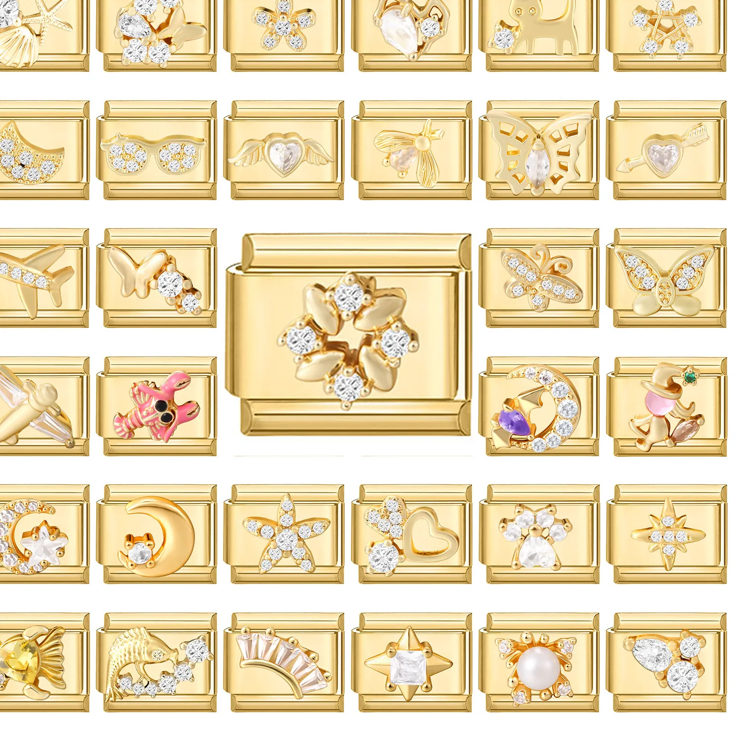 Authentic Gold Color Zircon Butterfly Moon Star Heart Italian Charm Link Fit 9mm Bracelet Women Men DIY Making Gifts