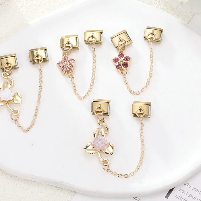 Authentic Gold Color Pink Zircon Flowers Rose Leaves Tassel Chain DIY Italian Charm Links Fit 9mm Stainless Steel Bracelet for Men Women