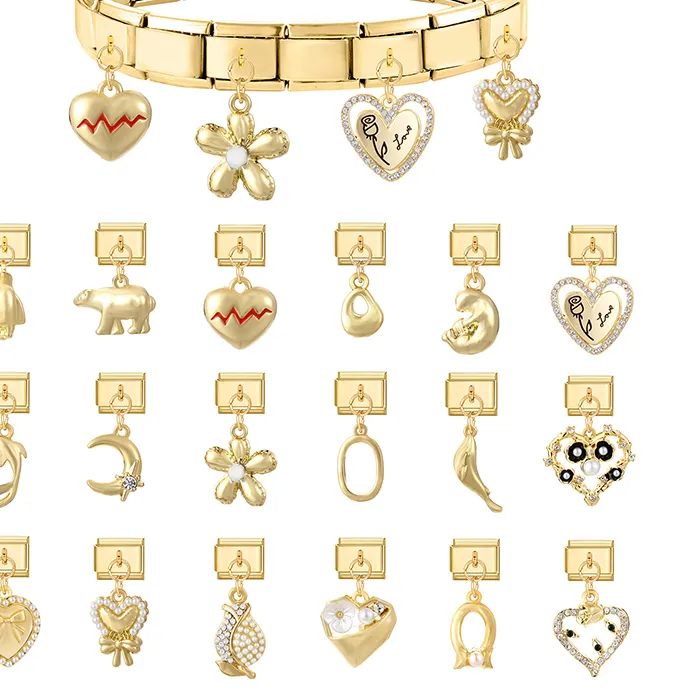 Authentic Fashion Star Moon Heart Flower Gold Color Pendant Italian Charm Links Fit 9mm Stainless Steel Bracelet Women Men DIY Making