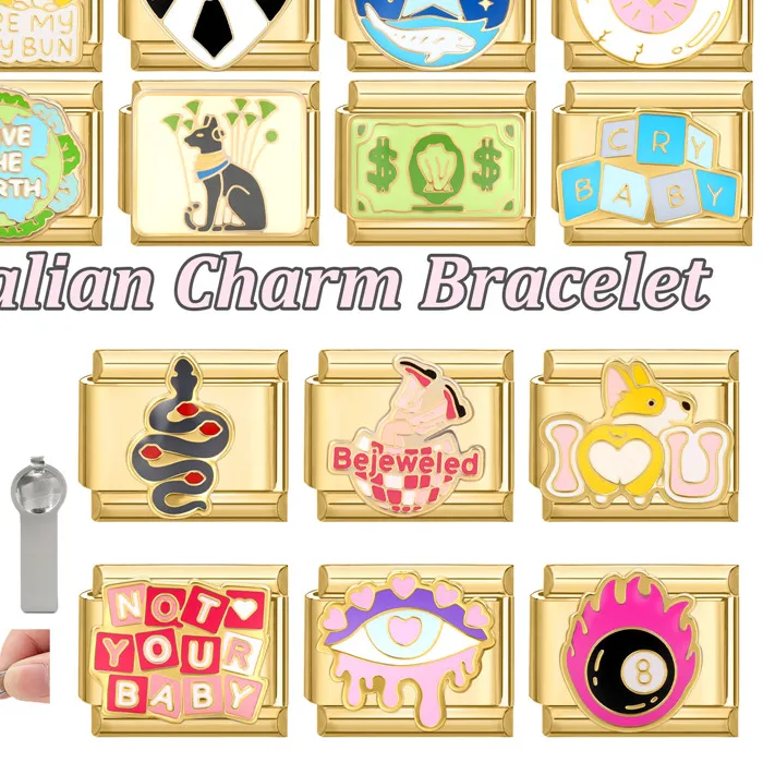 Authentic Vintage Gold Color Snake NO.8 Ball Love Heart Dog Eyes Italian Charm Links Fit 9MM Stainless Steel Bracelet Women DIY Making