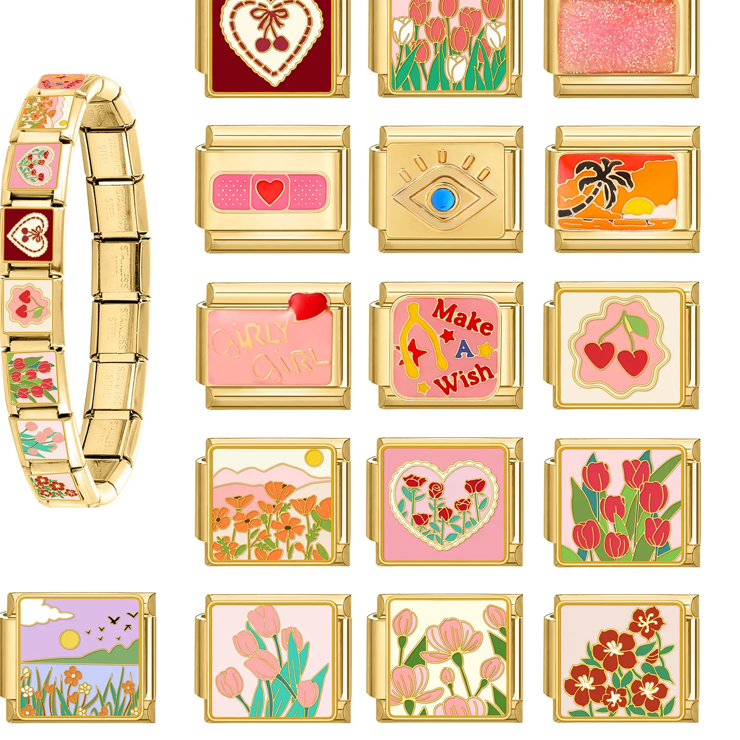 Authentic Y2K Hot 9mm Width Creative Tulip Rose Cherry Eye Sunset Girl Gold Color Italian Charm Links Fit 9mm Bracelet Jewelry Making