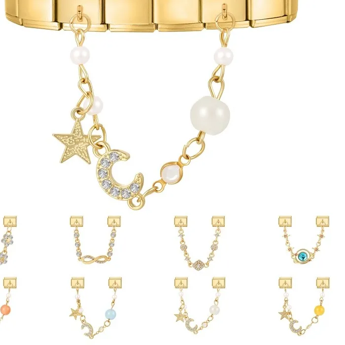 Authentic Pearl Stars Moon Shiny Zircon Gold Color Chain Tassel Italian Link Fit 9Mm Bracelet Diy Making