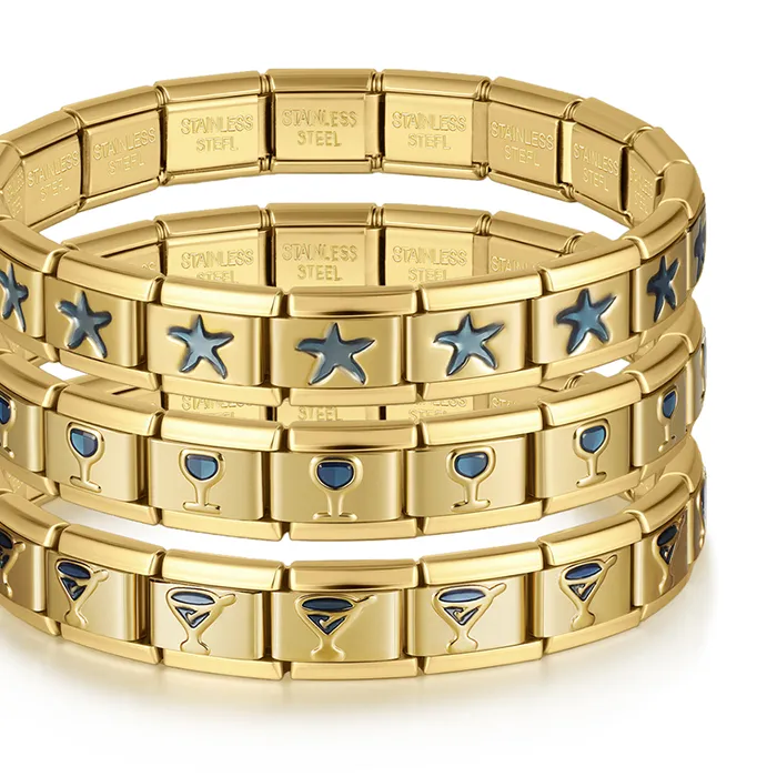 Authentic Hapiship Golden Blue Starfish Wine Glass Italian Elastic Charm Bracelet Fashion Stainless Steel Jewelry G334