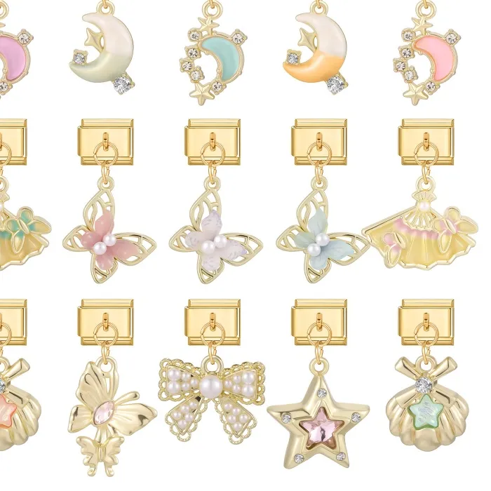 Authentic Golden Charm Shell Butterfly Star Moon Cherry Italian Charm Links Fit 9mm Bracelet Stainless Steel DIY Jewelry Making Wholesale