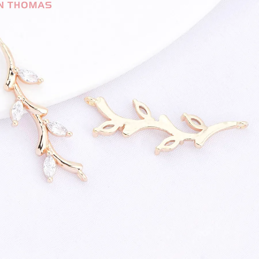 Authentic (10635)4PCS 24K Gold Color with Zircon Vine Branches and Leaves Double Hole Pendants High Quality Jewelry Making Findings