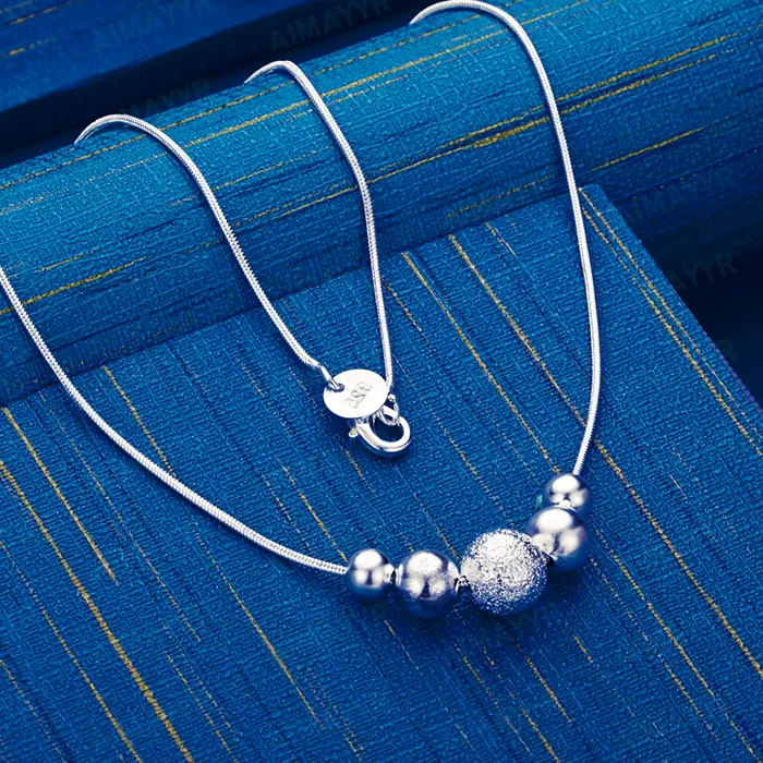 Authentic 925 Sterling Silver Minimalist Mixed Bead Necklace 18 Inch Banquet Jewelry