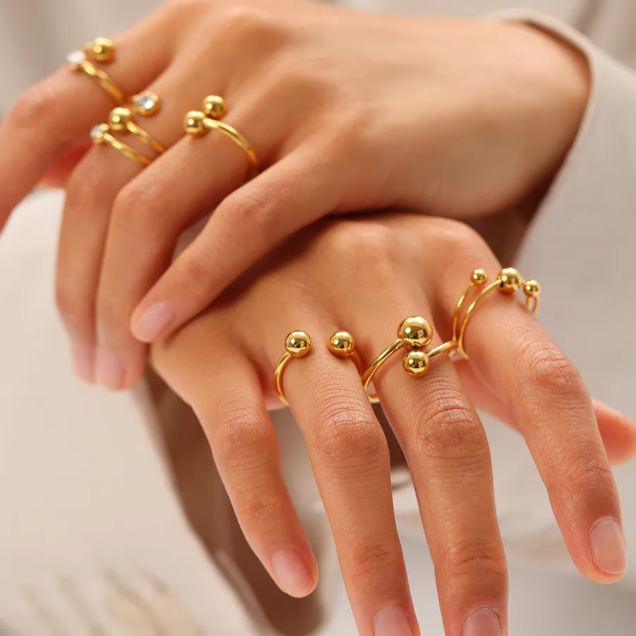 Authentic Stainless Steel Openable Rings For Women Gold Color Slim Ball Charm Branch Ring