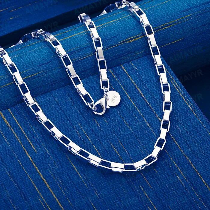 Authentic 925 Sterling Silver 4Mm Three- Dimensional Square Box Necklace 18 Inches Banquet Jewelry