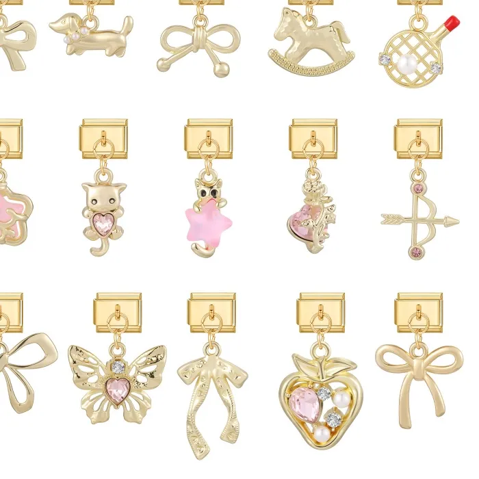 Authentic Shell Rose Branch Leaves Cute Star Giraffe Gold Color Italian Charm Links Fit 9mm Stainless Steel Bracelet Men Women DIY Making