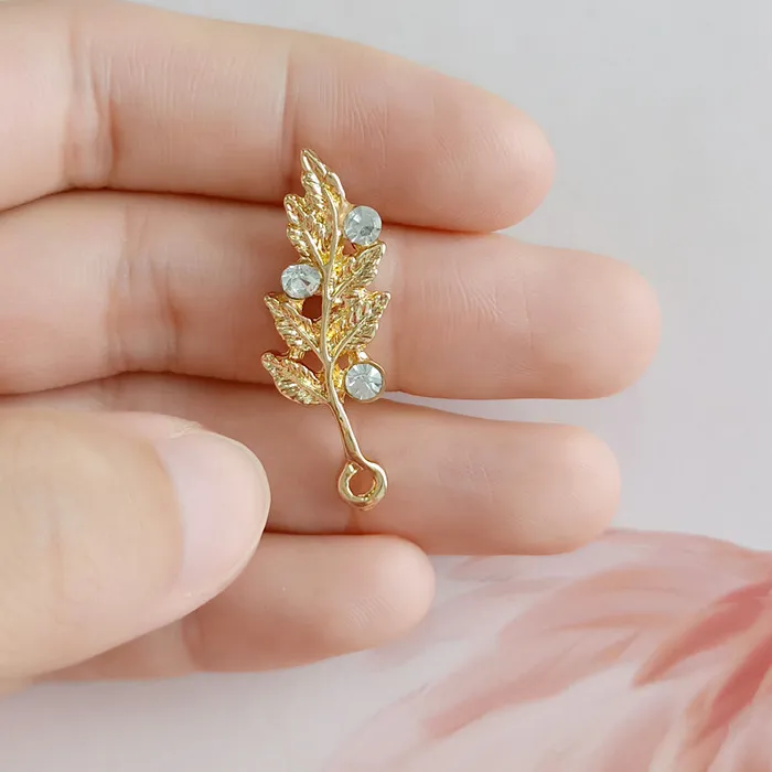 Authentic 50PCS 12*32mm Gold color Alloy Material Crystal Leaf Charm Leaf Branch charm for Wedding Head DIY Handmade Jewelry Making