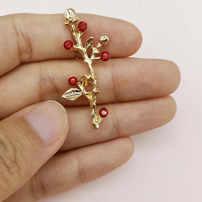 Authentic 50PCS 21*40mm Gold color Alloy Material Red Crystal Branch Charm Leaf Branch charm for Wedding Head DIY Handmade Jewelry Making