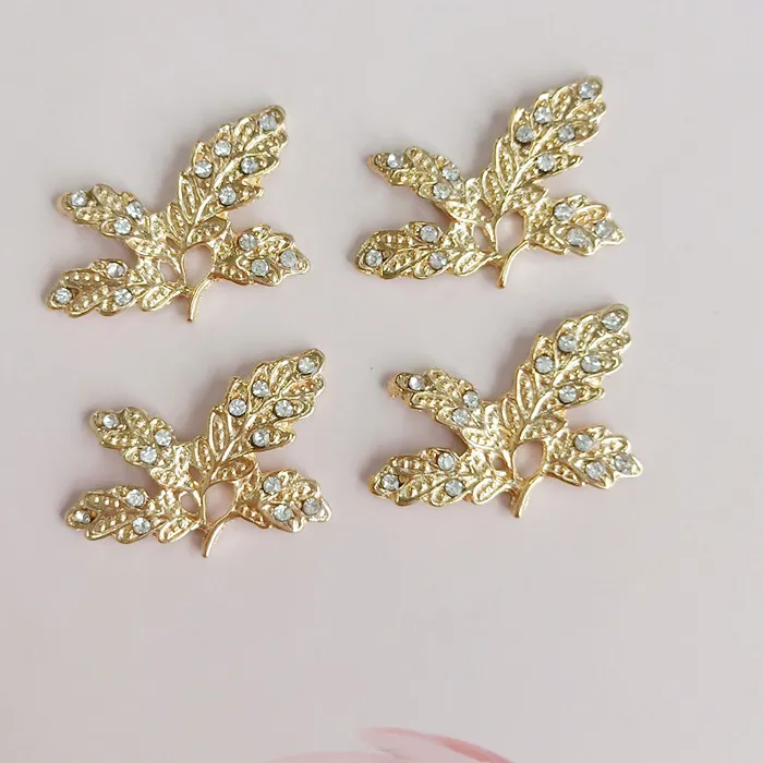 Authentic 50PCS 20*30mm Gold color Alloy Material  Crystal Leaf Branch Charm Leaf Pendant for Wedding Head DIY Handmade Jewelry Making