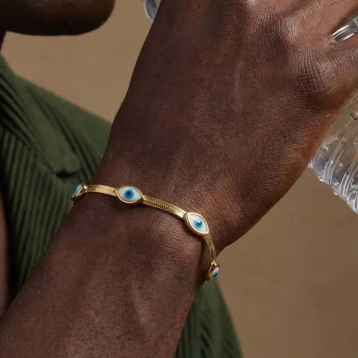 Authentic Evil Eye Bracelet Adjustable Snake Chain Bracelet Blue Eye Charm Beaded Bracelet 316l Stainless Steel Rustproof Gold