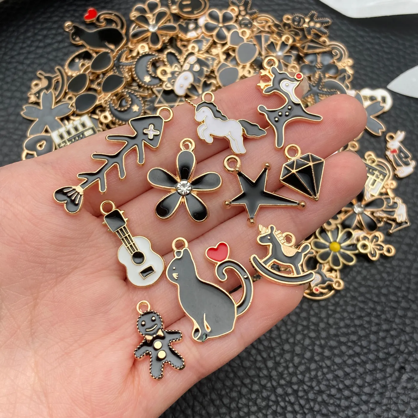 Authentic Mixed Black Gold Enamel Charms Bulk - 20/50/100Pcs Assorted Animal Flower Guitar Pendants for DIY Jewelry Making
