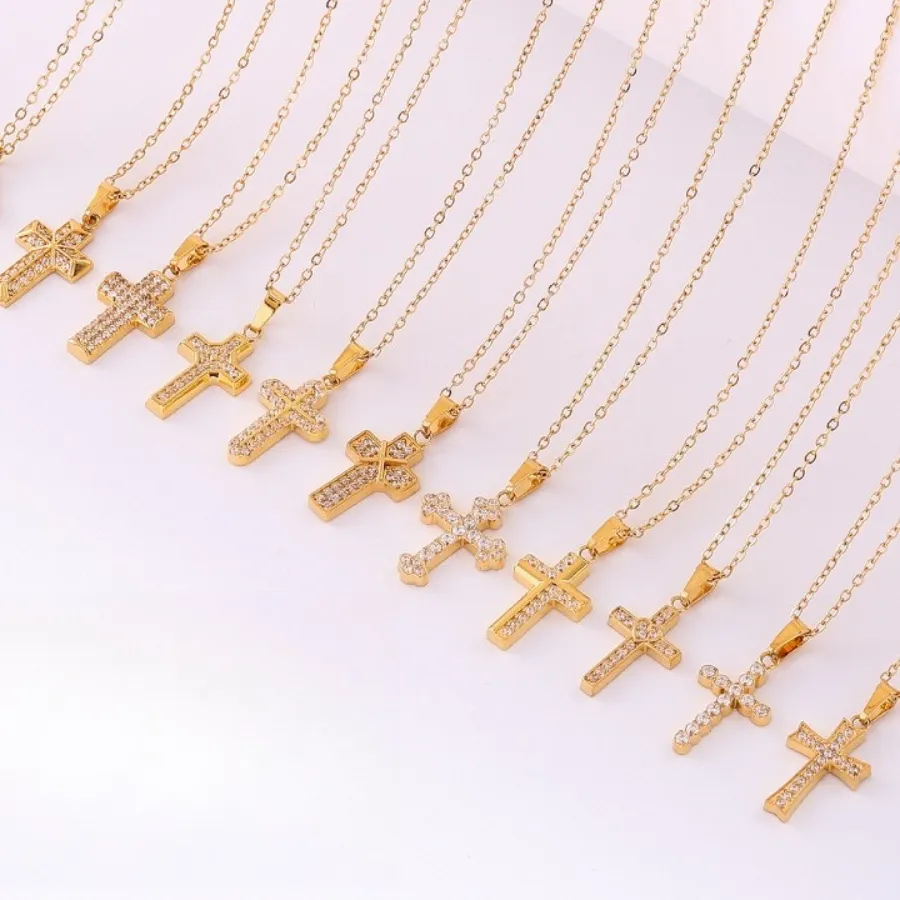 Authentic 18K Gold Plated Cross Pendant Necklaces, CZ Inlaid Mini Cross Charms, Bulk Wholesale