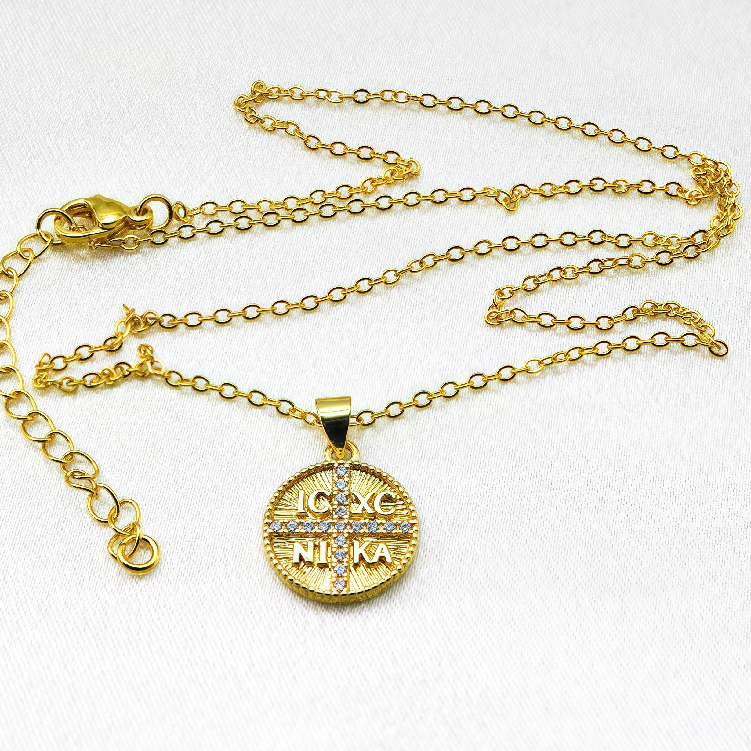 Authentic 18k Gold Plated St.Helen Constantine Pendant ICXC NIKA Greek Cross Charms Cubic Zirconia Byzantine Medallion Necklace Jewelry