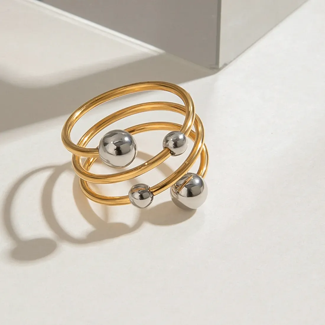 Authentic Celestial Harmony: 18K Gold-Plated Beaded Ring of Cosmic Balance