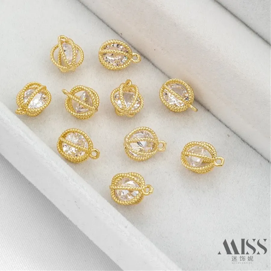 Authentic 14K Gold- Coated Zircon Lantern Ball Pendant Diy Hollow Accessories Pendant Handmade Decorative Chain Jewelry Material