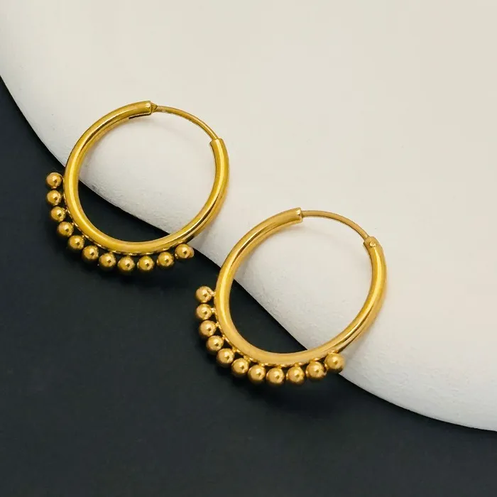 Authentic Personality Trendy Gold Color Small Round Bead Hoop Earrings for Woman Korean Winter Jewelry Accessories Gifts