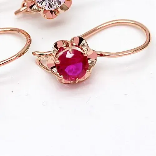 Authentic 585 Purple Gold Red Crystal Flower Earrings For Women Plated 14K Rose Gold Inlaid Gemstone Small Sweet Elegant Charm Jewelry